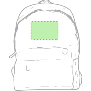 A grey backpack with a front pocket and a blank area for branding or labels. It features a sturdy zipper and shoulder straps.