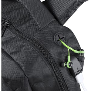 A black Halnok Backpack featuring a headphone port and green earphone wires emerging from the side.
