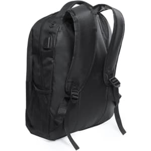 A black backpack with adjustable straps, a side mesh pocket, and a sleek design, featuring a logo.