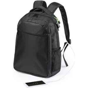 A black backpack with multiple pockets and a logo, featuring a USB charging port and a connected white device.