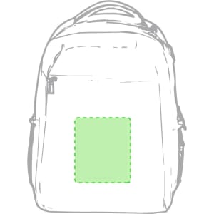 A green backpack with a front pocket, featuring a logo and a simple design.