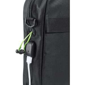 A black laptop document bag featuring a headphone port and charging cable connection. Includes a logo.