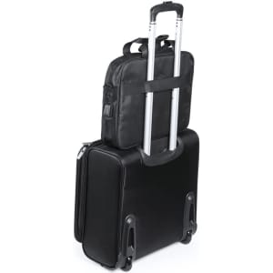A black Baldony Document Bag with a handle, secured on top of a black wheeled suitcase, featuring a logo.