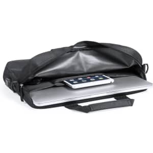 A black laptop bag with an open compartment, featuring a laptop and a tablet inside. It has a shoulder strap and handles.