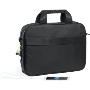 A black laptop bag featuring two handles, zip closure, and an external pocket with a power bank connected.