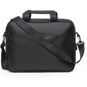A black laptop bag with a shoulder strap and top handles, featuring a logo on the front.