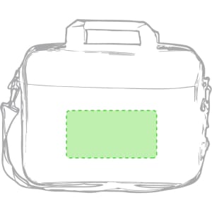 A green and black laptop bag with a shoulder strap and a handle, featuring an empty branding area.