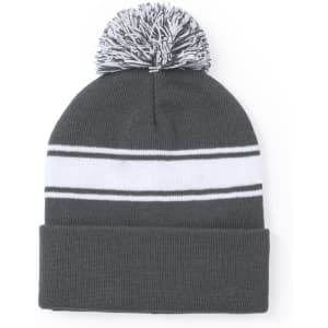 A grey beanie with a white stripe and a pom-pom on top, featuring a logo.