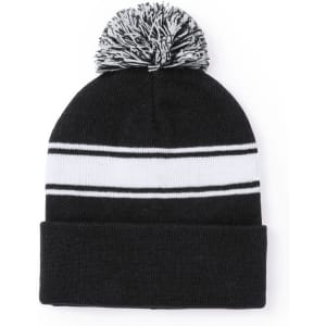 A black beanie with white stripes and a pom-pom on top, featuring a logo.