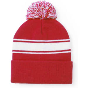 A red beanie with a white stripe and a white pom-pom on top. The beanie features a logo.