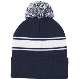 A navy beanie with white stripes and a pom-pom on top, featuring a logo on the front.