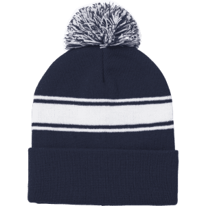 A navy blue beanie with white stripes and a pom-pom on top, featuring a logo.