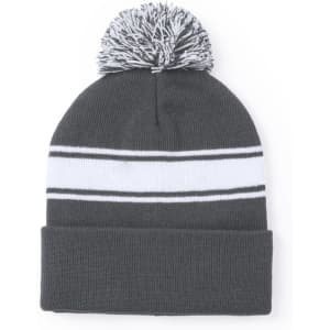 A grey beanie with white stripes and a pom-pom on top, featuring a logo.