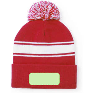 A red beanie hat with a white band and a pom-pom on top, featuring a logo.