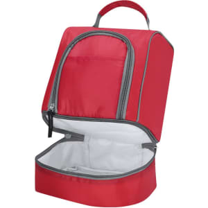 A red cooler bag with a grey zipper and handle, featuring a roomy interior without contents visible.