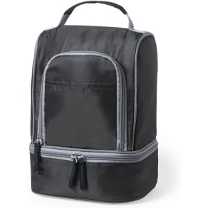 A black cooler bag with a zippered compartment and a front pocket, featuring a sturdy handle on top.