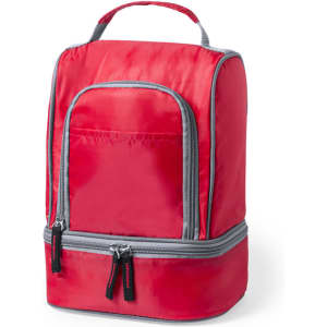 A red cooler bag with grey accents, featuring a top handle and a front pocket, designed for storage.