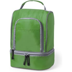 A green cooler bag featuring a front pocket and double zip closures, with grey detailing and a handle on top.