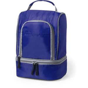 A blue cooler bag with a grey zipper and a front pocket, designed for keeping items cool.