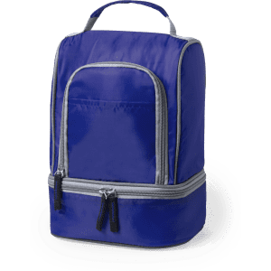 A blue cooler bag with a front pocket and two zippered compartments. It has a handle on top and a grey trim.