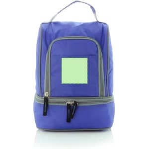 A blue cooler bag with a grey zipper and handle, featuring a front pocket and a logo.
