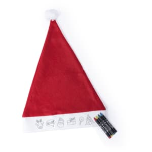 A red Christmas hat featuring a white band and five washable markers for custom designs.