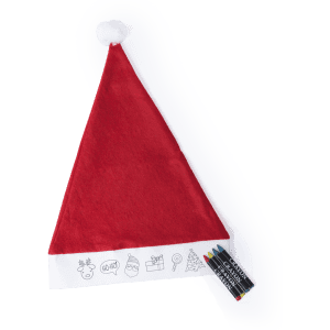 A red Christmas hat with a white trim featuring a logo and accompanied by colourful markers.
