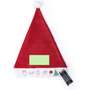 A red Christmas hat with a white brim featuring festive designs and a blank space, accompanied by four colouring pens.