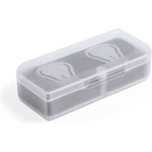 A transparent plastic holder with a grey interior, designed for storing clips. It features a logo on the lid.