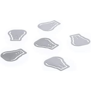 A set of six silver metal clips in a light bulb shape, featuring a sleek design and a logo imprint.