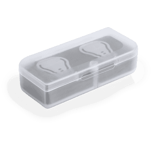 A transparent clips holder with a grey interior featuring shaped compartments, designed for office use.