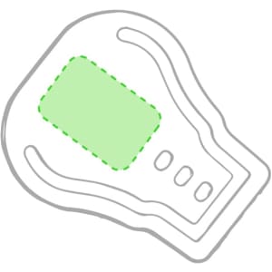 A green and grey Bomtel Clips Holder shape with a smooth design, featuring a section for branding.