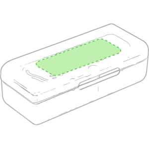 A transparent rectangular clips holder with a green section on top, featuring a simple design and a closure mechanism.