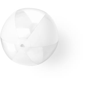 A transparent beach ball with white and clear sections, featuring a small logo.