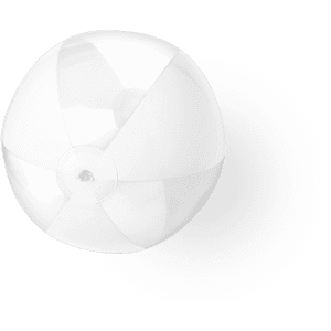 A white beach ball with translucent panels, featuring branding and a circular design.