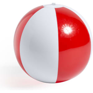 A red and white beach ball with a glossy finish, featuring segments of alternating colours.