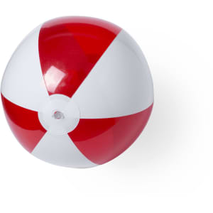 A red and white striped beach ball with a plastic finish and a logo. Perfect for leisure and outdoor activities.
