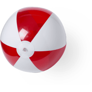 A beach ball in red and white with a logo, designed for leisure and outdoor activities.