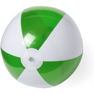 A green and white beach ball featuring sections of vibrant colours and a clear inflation valve.