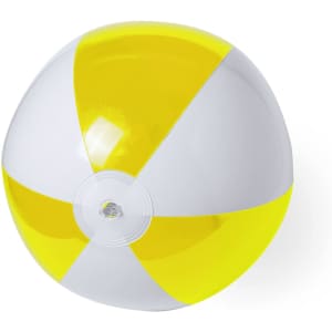 A beach ball featuring white and yellow panels with a central valve, suitable for outdoor leisure activities.