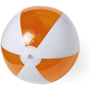 A beach ball in orange and white panels, designed for leisure activities. It features a logo on its surface.