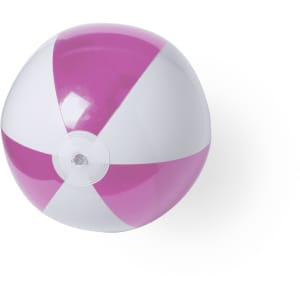 A pink and white striped beach ball featuring a logo, suitable for outdoor leisure activities.