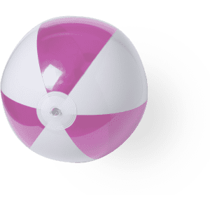 A pink and white beach ball featuring sections divided in alternating colours, with a central valve for inflation.