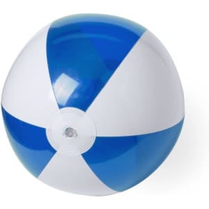 A beach ball with blue and white panels, featuring a central valve. Suitable for leisure and outdoor activities.