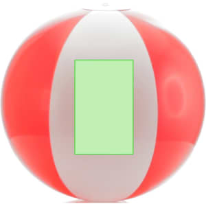 A red and white beach ball with a smooth surface and a circular shape. It features an area suitable for branding.