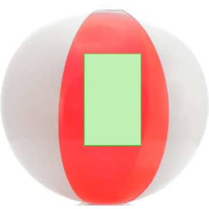 A beach ball with red and white panels featuring a green placeholder area, and it has a logo.