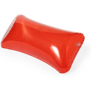 A red inflatable pillow with a smooth surface and a slight curve, featuring a logo.