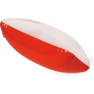 A red and white inflatable pillow with a smooth surface and rounded shape, featuring a logo.