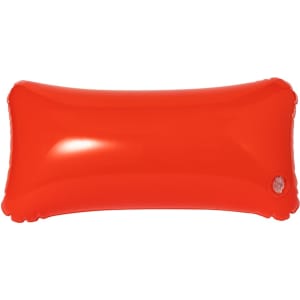 An inflatable rectangular pillow in bright red with rounded edges and a small logo.