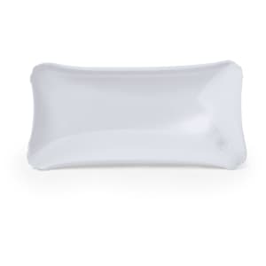 A white pillow with a rectangular shape, featuring rounded edges and a smooth surface. It has a branding logo.